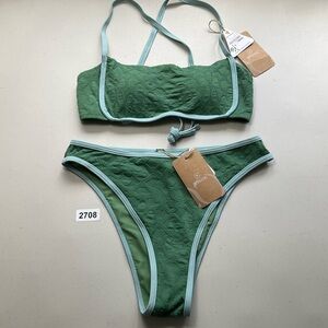 Berlook Bikini Set Medium Dark Green Jacquard X Cross Bikini Top Contrast Bottom